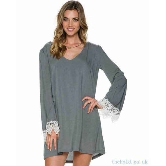 Swell Womens Gray Rosarito Bell Sleeve Crochet Detail Dress Size M L - Picture 2 of 11
